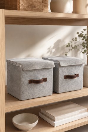 2'li Gri Keçe Kapaklı Küp Kutu Seti 25 x 25 x 25 cm Deri Kulplu, Katlanabilir, Düzenleyici Kutu