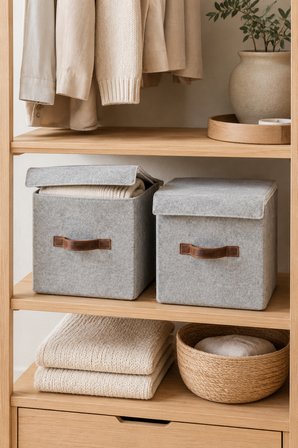 2'li Gri Keçe Kapaklı Küp Kutu Seti 25 x 25 x 25 cm Deri Kulplu, Katlanabilir, Düzenleyici Kutu
