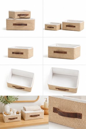 2'li Jüt Düzenleyici S-M Boy 26x20x10 + 30x23x13 cm Dolap İçi Raf Banyo Organizer Saklama Kutusu