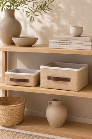 2'li Kapaksız Jüt Düzenleyici Seti S + L Boy 26x20x10 cm + 35x26x15 cm Dolap İçi Raf Banyo Organizer