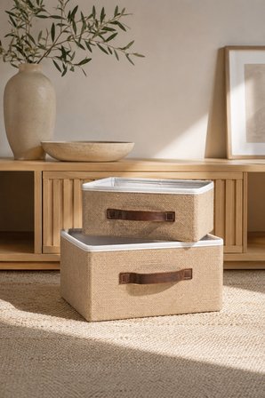 2'li Kapaksız Jüt Düzenleyici Seti S + L Boy 26x20x10 cm + 35x26x15 cm Dolap İçi Raf Banyo Organizer