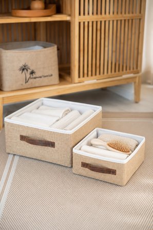 2'li Kapaksız Jüt Düzenleyici Seti S + L Boy 26x20x10 cm + 35x26x15 cm Dolap İçi Raf Banyo Organizer