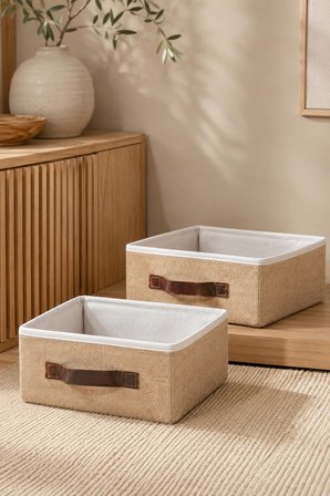2'li Kapaksız Jüt Düzenleyici M Boy 30x23x13 cm Dolap İçi Raf Banyo Tekstil Organizer Saklama Kutusu