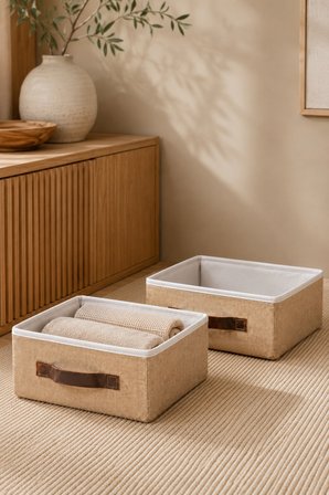 2'li Kapaksız Jüt Düzenleyici M Boy 30x23x13 cm Dolap İçi Raf Banyo Tekstil Organizer Saklama Kutusu