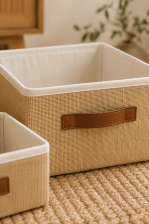 3'lü Kapaksız Jüt Düzenleyici Seti S + 2M Boy Dolap İçi Raf Banyo Tekstil Organizer Saklama Kutusu