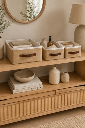 3'lü Kapaksız Jüt Düzenleyici 2M + L Boy 30x23x13 cm + 35x26x15 cm Dolap İçi Raf Banyo Organizer