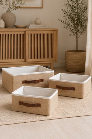 3'lü Kapaksız Jüt Düzenleyici 2M + L Boy 30x23x13 cm + 35x26x15 cm Dolap İçi Raf Banyo Organizer