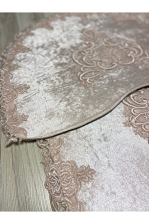 Milas Kaymaz Taban, Kadife Dantel Detaylı 2'li Süper Lüks Oval Banyo Paspası Seti Ekru