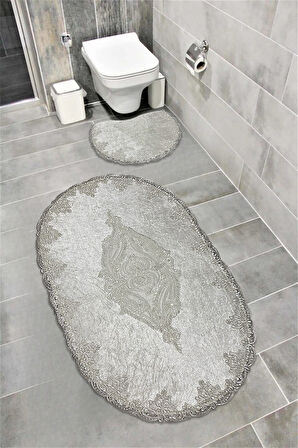 Milas Kaymaz Taban, Kadife Dantel Detaylı 2'li Süper Lüks Oval Banyo Paspası Seti Ekru