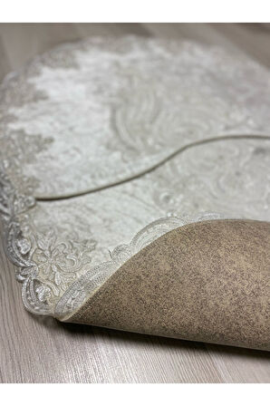 Milas Kaymaz Taban, Kadife Dantel Detaylı 2'li Süper Lüks Oval Banyo Paspası Seti Ekru