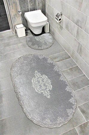 Milas Kaymaz Taban, Kadife Dantel Detaylı 2'li Süper Lüks Oval Banyo Paspası Seti 