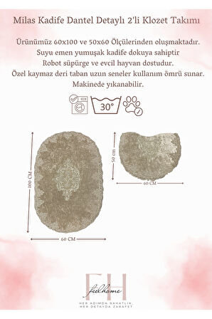 Milas Kaymaz Taban, Kadife Dantel Detaylı 2'li Süper Lüks Oval Banyo Paspası Seti 