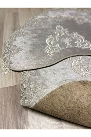 Milas Kaymaz Taban, Kadife Dantel Detaylı 2'li Süper Lüks Oval Banyo Paspası Seti 