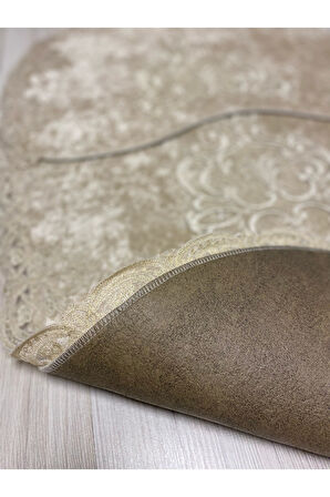 Milas Kaymaz Taban, Kadife Dantel Detaylı 2'li Süper Lüks Oval Banyo Paspası Seti Ekru