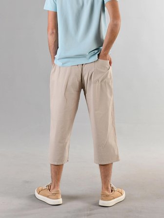 %100 Pamuk Keten Dokulu Beli Lastikli ve Bağcıklı Erkek Rahat Kalıp Bol Kesim Günlük Ev Dış Spor Yazlık Baharlık Giyim Diz Altı Uzun Büyük Beden Kapri Bermuda Şort Pantolon Eşofman Altı