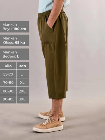 %100 Pamuk Keten Dokulu Beli Lastikli ve Bağcıklı Erkek Rahat Kalıp Bol Kesim Günlük Ev Dış Spor Yazlık Baharlık Giyim Diz Altı Uzun Büyük Beden Kapri Bermuda Şort Pantolon Eşofman Altı
