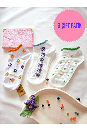 3 ÇİFT BURUN DİKİŞSİZ YUMUŞAK PAMUKLUÇORAP KISA KONÇ DESENLİ KADIN PATİK 36-40