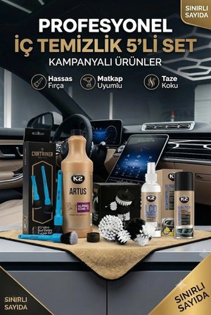 Profesyonel İç Temizlik 5’li Set ile tanışın. Koltuklardan konsola, multimedya ekranından klimaya kadar eksiksiz detaylı temizlik şimdi tek bir pakette!