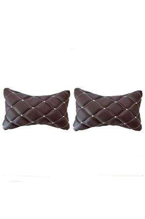 Mercedes B Serisi W245 2005-2011  Uyumlu 2'Li 3d Oto Boyun Yastığı Kahverengi Deri Beyaz Nakış  