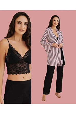 Kadın Üç Parça Dantel Detaylı Sabahlık & Büstiyer & Pijama Altı Takım D1.01.LL.02.006