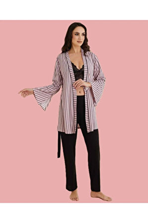 Kadın Üç Parça Dantel Detaylı Sabahlık & Büstiyer & Pijama Altı Takım D1.01.LL.02.006