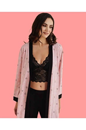 Kadın 3 Parça Dantel Detaylı Büstiyer & Sabahlık & Pijama Altı Takım D1.01.LL.02.007