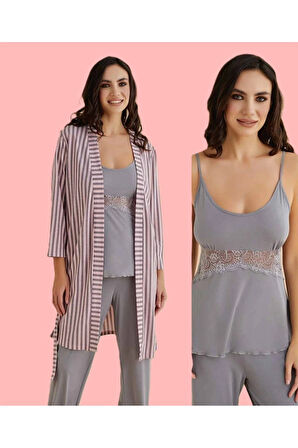 Kadın Üç Parça Penye Sabahlık & Pijama Takımı Set D1.01.LL.02.008