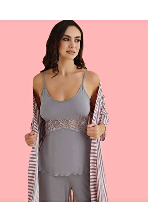 Kadın Üç Parça Penye Sabahlık & Pijama Takımı Set D1.01.LL.02.008
