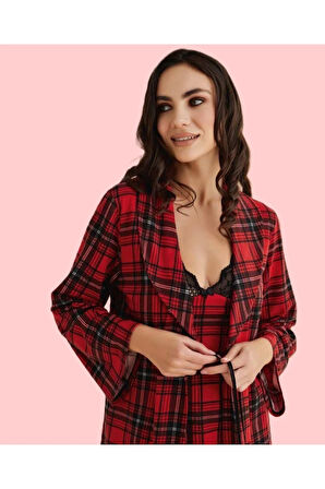 Kadın Ekose Üç Parça Kırmızı & Siyah Penye Pijama Takımı D1.01.LL.02.010