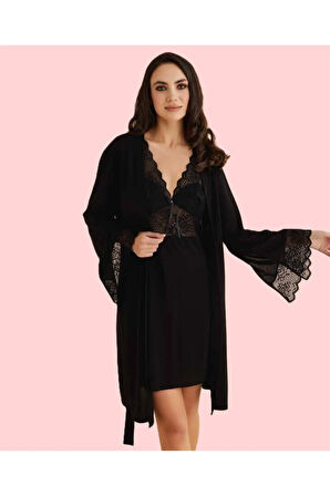 Kadın Dantel Detaylı 4'lü Gecelik & Pijama Takımı Set D1.01.LL.02.011