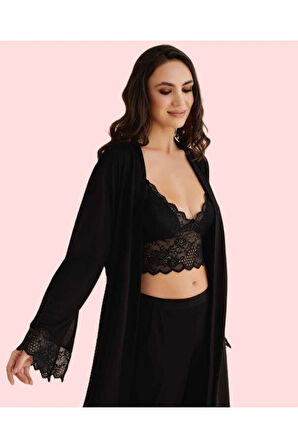 Kadın Dantel Detaylı 4'lü Gecelik & Pijama Takımı Set D1.01.LL.02.011
