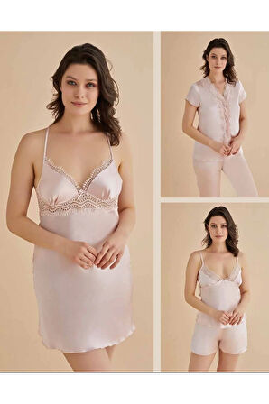 Kadın 6'lı Hediyelik & Çeyizlik Saten Gecelik - Sabahlık - Pijama Takımı Set D1.01.LL.02.015