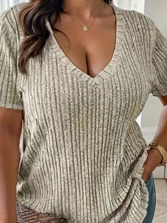 22Kadın Kısa Kollu V Yaka Fitilli Kaşkorse Bluz