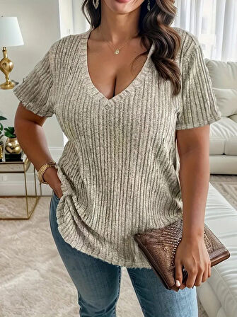 22Kadın Kısa Kollu V Yaka Fitilli Kaşkorse Bluz