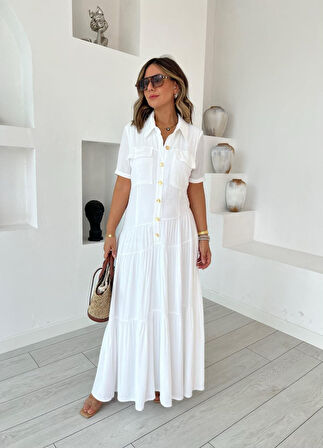 Kadın Dokuma Kumaş Cep Detaylı Maxi Boy Gömlek Elbise