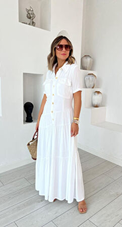 Kadın Dokuma Kumaş Cep Detaylı Maxi Boy Gömlek Elbise