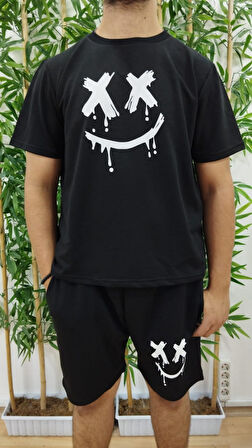 Erkek Kısa Kollu Bisiklet Yaka Baskılı Bluz Ipli Short Iki Iplik Takım