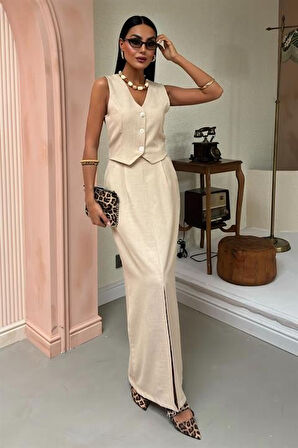 Etek Yırtmaçlı Yelekli Keten Takım 10131