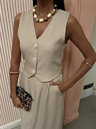 Etek Yırtmaçlı Yelekli Keten Takım 10131