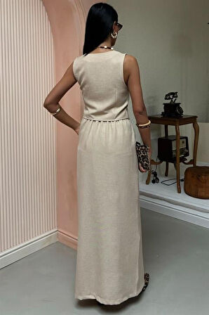 Etek Yırtmaçlı Yelekli Keten Takım 10131