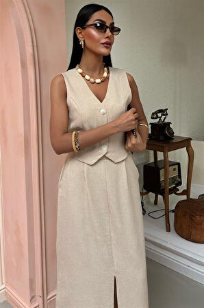 Etek Yırtmaçlı Yelekli Keten Takım 10131