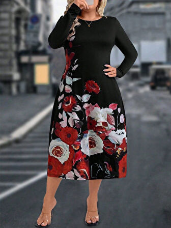 Kadın Uzun Kollu çiçek Baskılı Midi Mikro Elbise