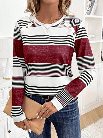 Kadın Uzun Kollu Bisiklet Yaka Düğme Detaylı Desenli Süprem Bluz