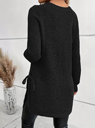 Kadın Uzun Kollu Yuvarlak Yakalı Yanlardan Bağcıklı Triko Bluz