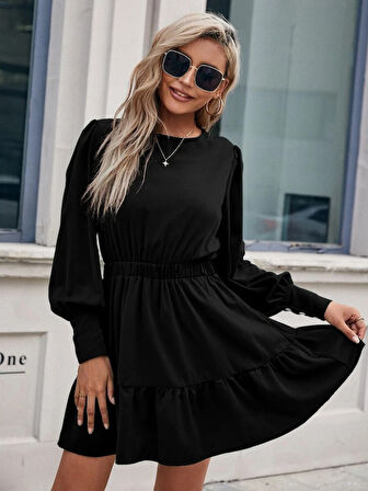 Kadın Uzun Kollu Bisiklet Yaka Beli Lastikli Fırfırlı Ithal Krep Elbise