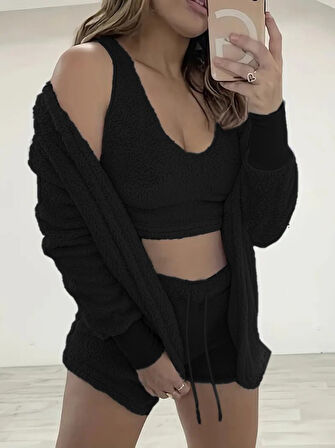 Kadın Uzun Kollu Ceket, Askılı Peluş Bluz Ve şort üçlü Takım
