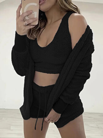 Kadın Uzun Kollu Ceket, Askılı Peluş Bluz Ve şort üçlü Takım