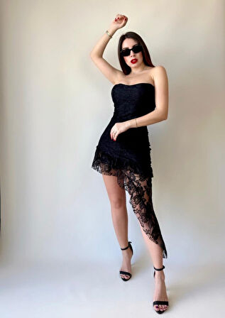 Kadın Straplez Full Asimetrik Dantel Güpür Detay Astarlı Fırsat ürün Mini Elbise