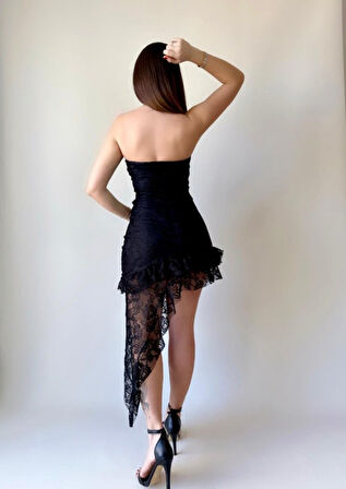 Kadın Straplez Full Asimetrik Dantel Güpür Detay Astarlı Fırsat ürün Mini Elbise