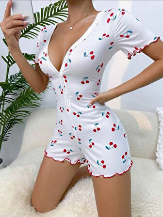 Kadın Göğüs Dekolteli Pinterest Kiraz Desen Full Likralı şort Tulum